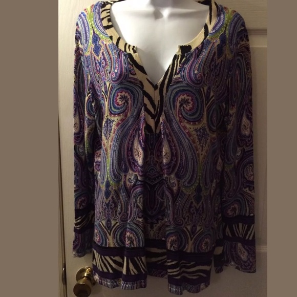 CHICOS Paisley Animal Print Sweater Purple Knit Long Tunic Length Soft Light - Picture 4 of 9